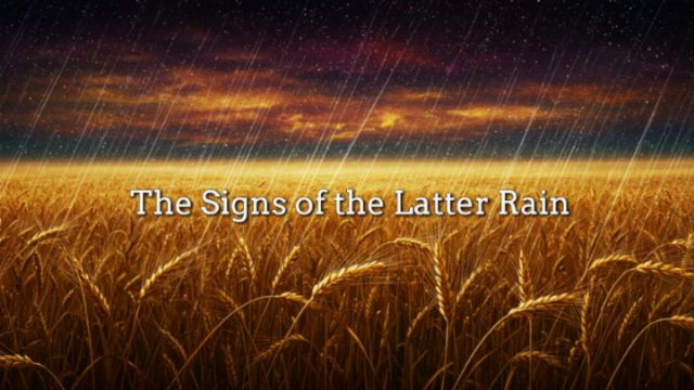 **** A golden wheat field under a dark sky, with rain falling and a gradient of colors transitioning from dark to light, suggesting a time of growth and renewal. The text “The Signs of the Latter Rain” is prominently displayed in a clear, serif font at the center.
